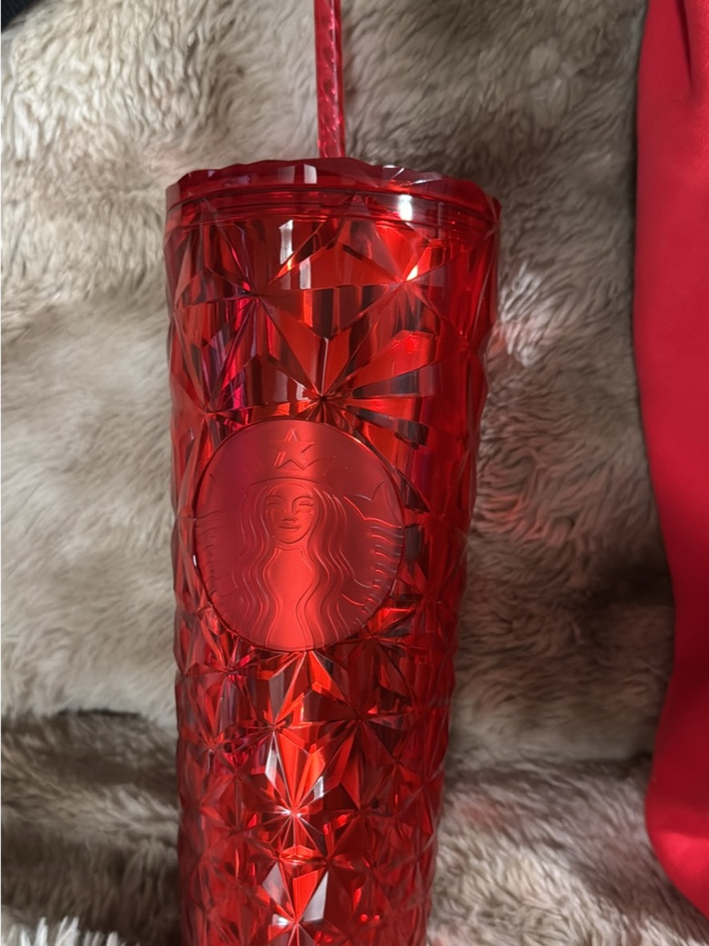 Starbucks Red Faceted Cold Cup Tumbler with Straw